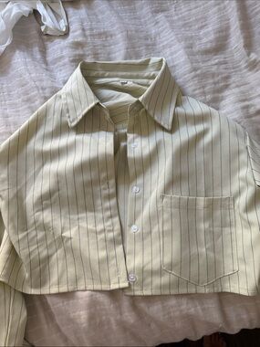 Cropped Pinstripe Button-Down Shirt - Cream with Black Pinstripes